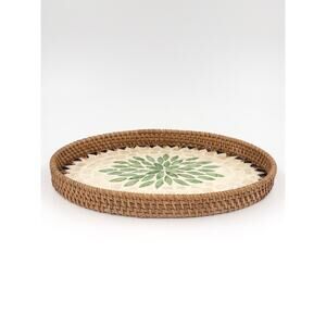 Vietnamese Handcrafted Oval Tray with Rattan Edge & Mother of Pearl Inlay